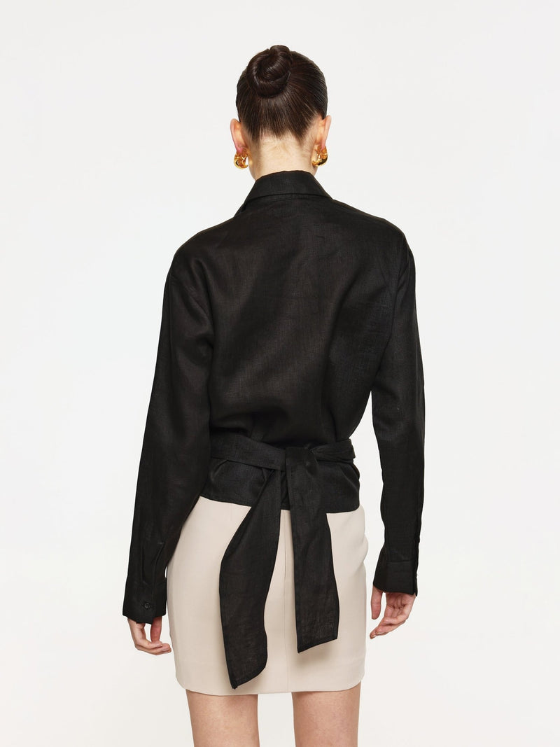 LINEN WRAP SHIRT - BLACK - EFFIE KATS